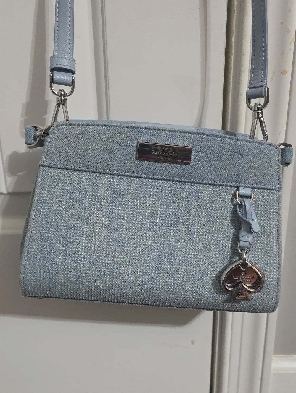 kate spade light blue crossbody with silver hardware